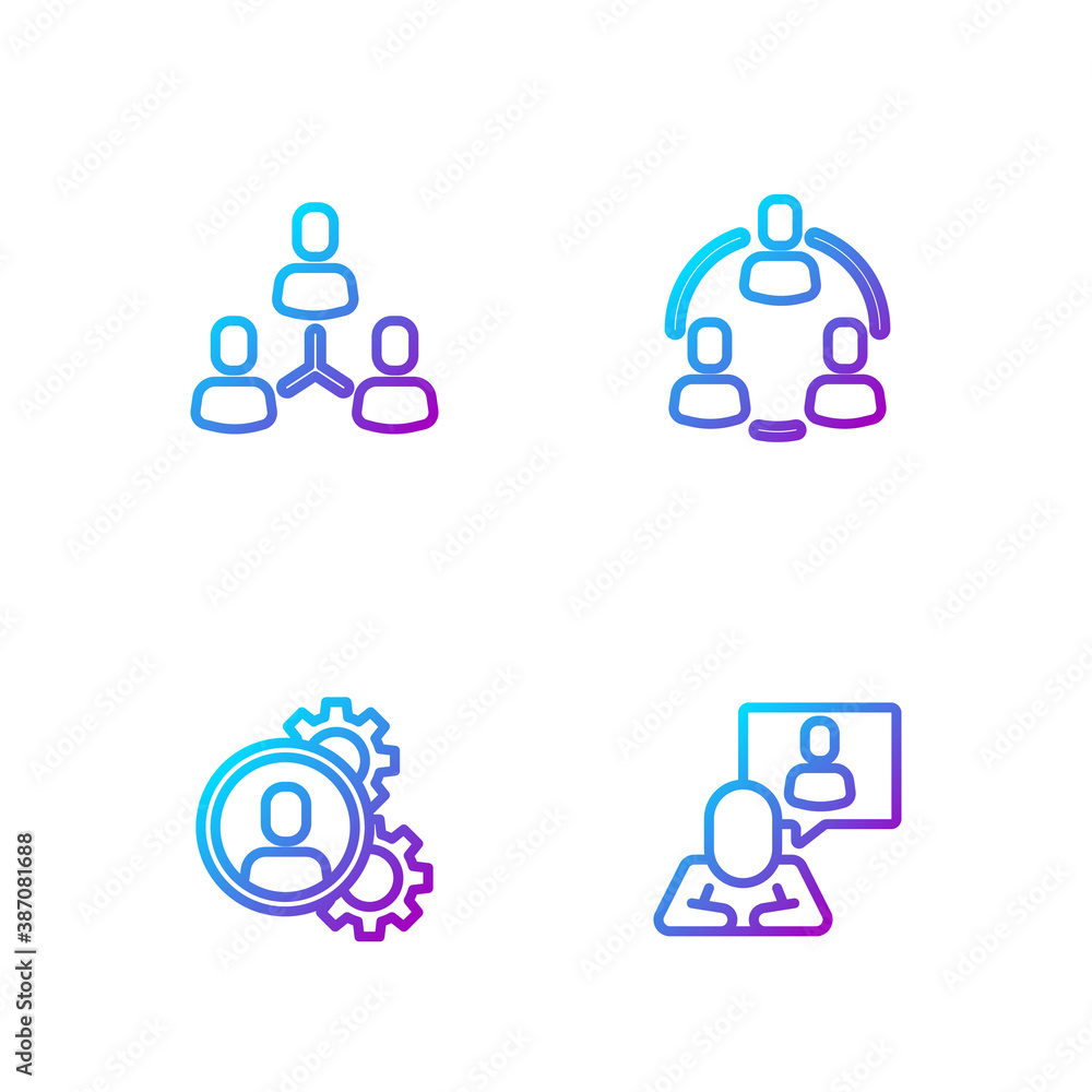 Set line Head hunting, , Project team base and . Gradient color icons. Vector.