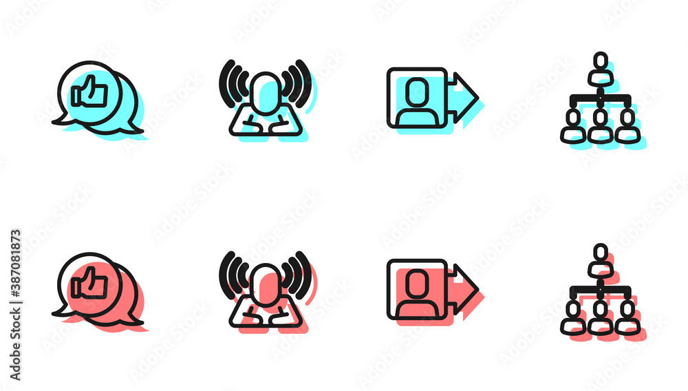 Set line Team leader, Hand like, Head hunting and Hierarchy organogram chart icon. Vector.