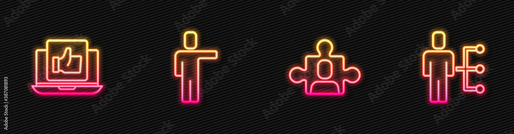 Set line Project team base, Hand like, Head hunting and User of man business suit. Glowing neon icon