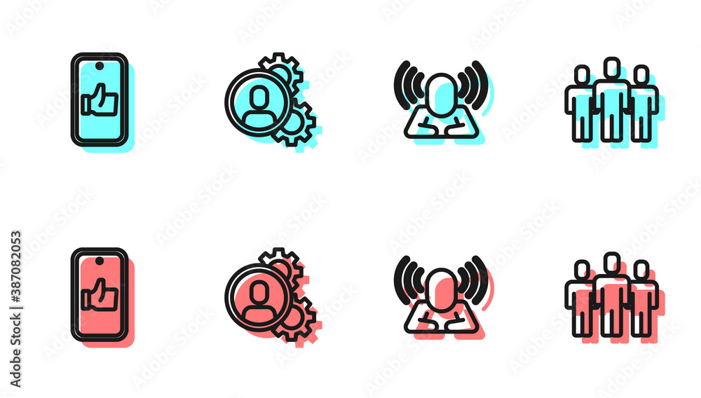 Set line Head hunting, Hand like, and Users group icon. Vector.