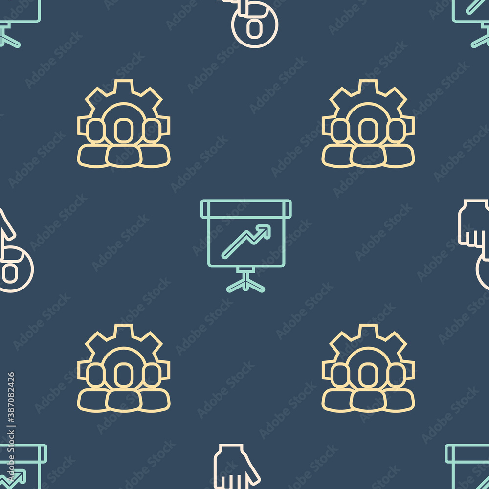 Set line Head hunting, Project team base and Chalkboard with diagram on seamless pattern. Vector.