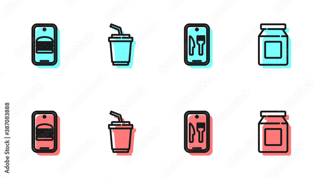 Set line Online ordering and delivery, , Paper glass with water and icon. Vector.