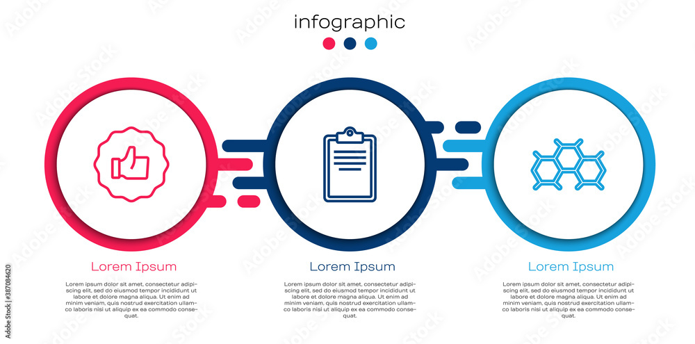 Set line Hand thumb up, Clipboard with checklist and Chemical formula. Business infographic template