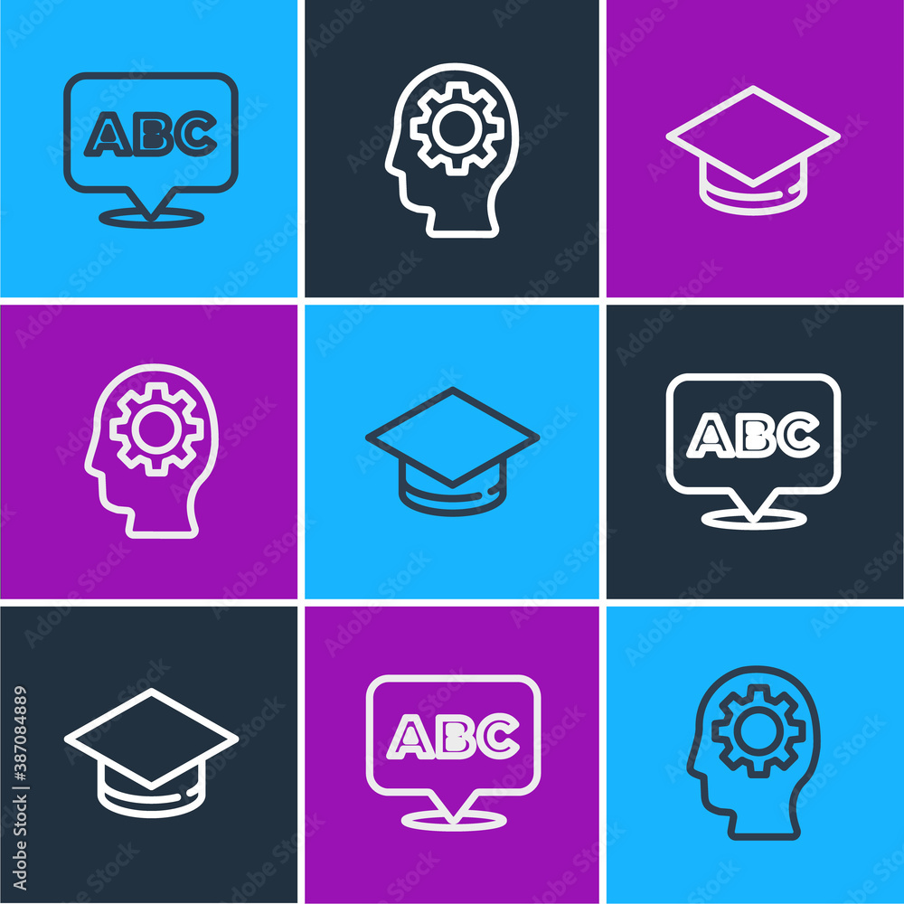 Set line Alphabet, Graduation cap and Head with gear inside icon. Vector.