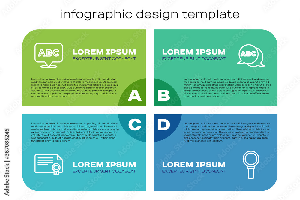 Set line Certificate template, Alphabet, Magnifying glass and . Business infographic template. Vecto