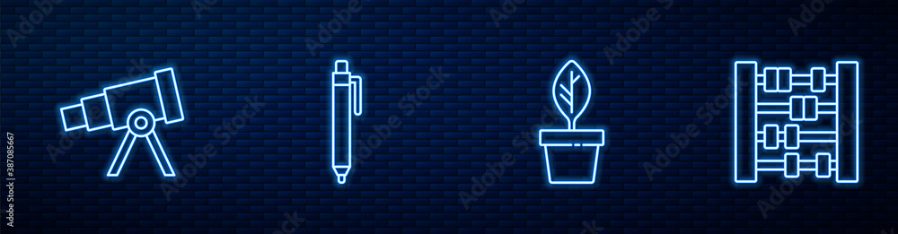 Set line Plant in pot, Telescope, Pen and Abacus. Glowing neon icon on brick wall. Vector.