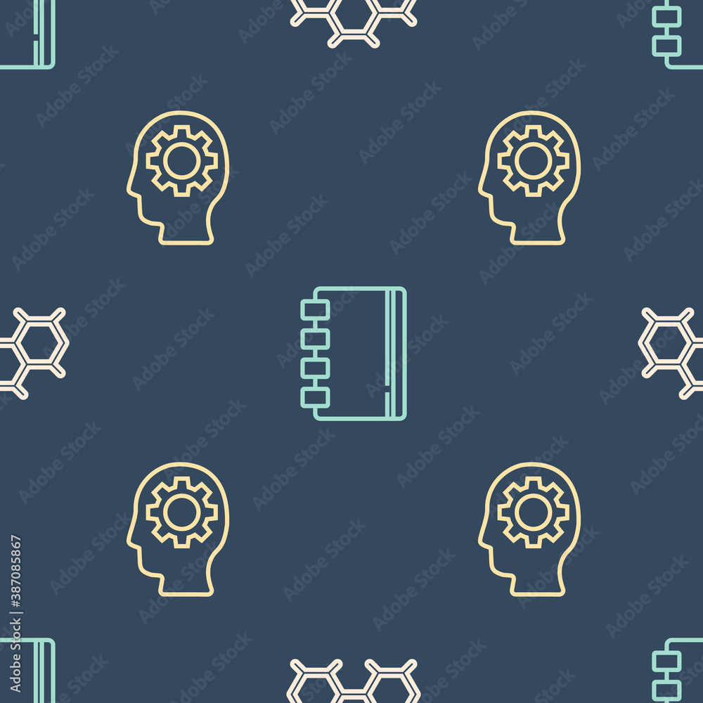 Set line Chemical formula, Head with gear inside and Spiral notebook on seamless pattern. Vector.