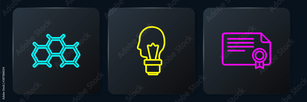 Set line Chemical formula, Certificate template and Light bulb with concept of idea. Black square bu