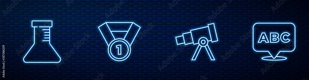 Set line Telescope, Test tube and flask, Medal and Alphabet. Glowing neon icon on brick wall. Vector