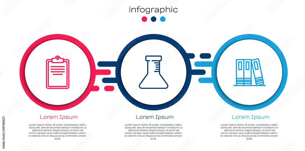 Set line Clipboard with checklist, Test tube and flask and Office folders. Business infographic temp