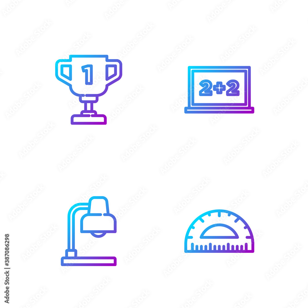 Set line Protractor, Table lamp, Award cup and Chalkboard. Gradient color icons. Vector.