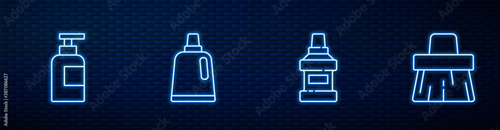 Set line Mouthwash bottle, Bottle of shampoo, for cleaning agent and Handle broom. Glowing neon icon