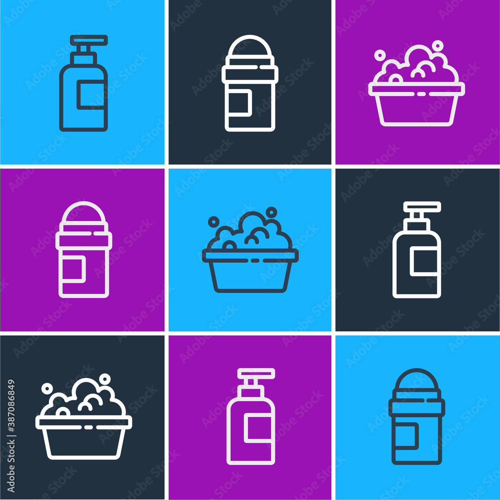 Set line Bottle of shampoo, Basin with soap suds and Antiperspirant deodorant roll icon. Vector.