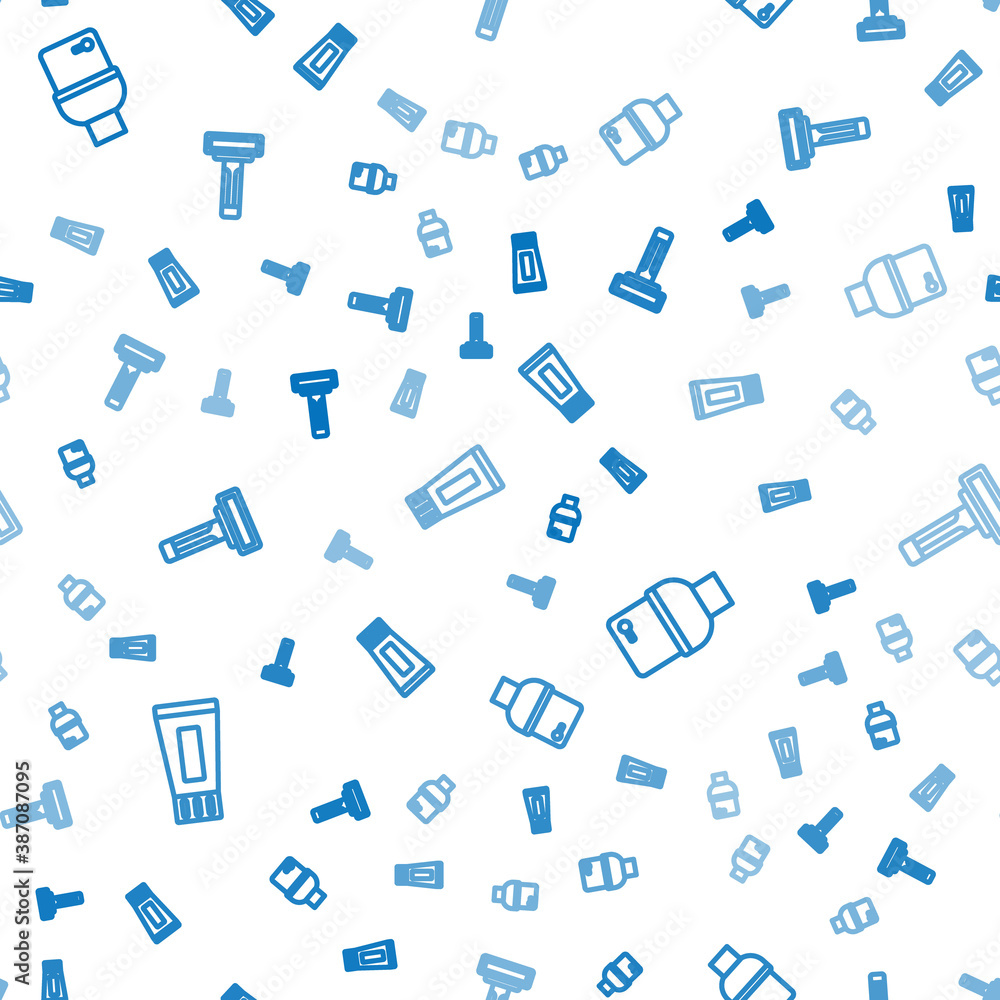 Set line Tube of toothpaste, Toilet bowl and Shaving razor on seamless pattern. Vector.