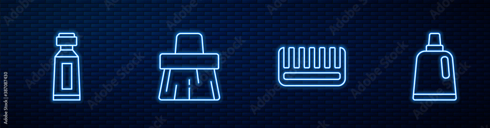 Set line Hairbrush, Tube of toothpaste, Handle broom and Bottle for cleaning agent. Glowing neon ico