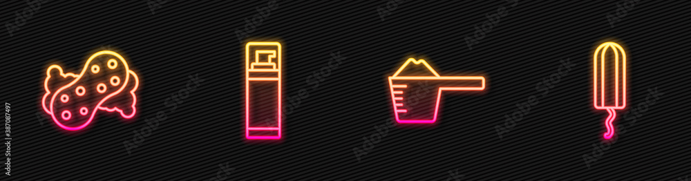 Set line Washing powder, Sponge, Shaving gel foam and Sanitary tampon. Glowing neon icon. Vector.