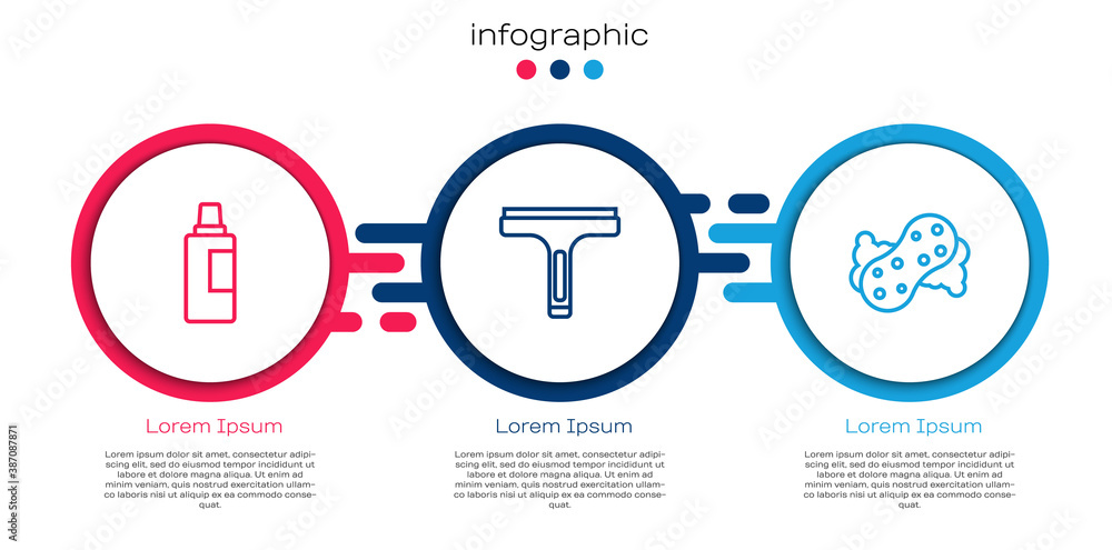 Set line Bottle for cleaning agent, Rubber cleaner and Sponge. Business infographic template. Vector