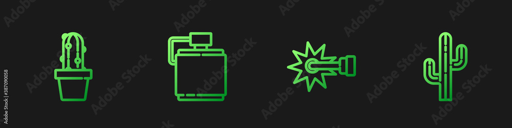 Set line Spur, Cactus peyote in pot, Canteen water bottle and . Gradient color icons. Vector.