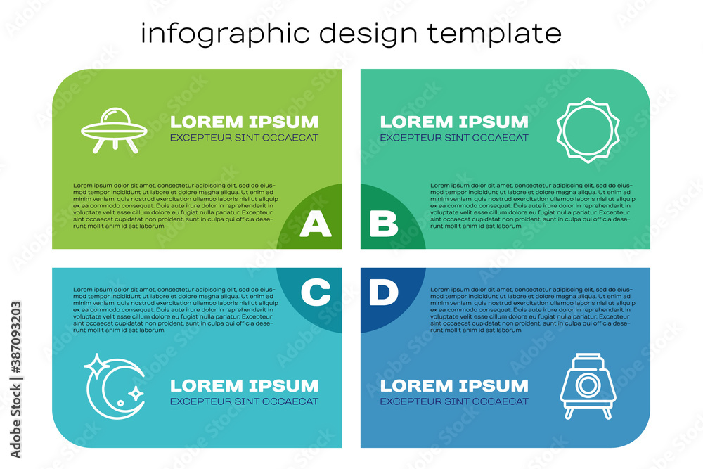 Set line Moon and stars, UFO flying spaceship, Mars rover and Sun. Business infographic template. Ve