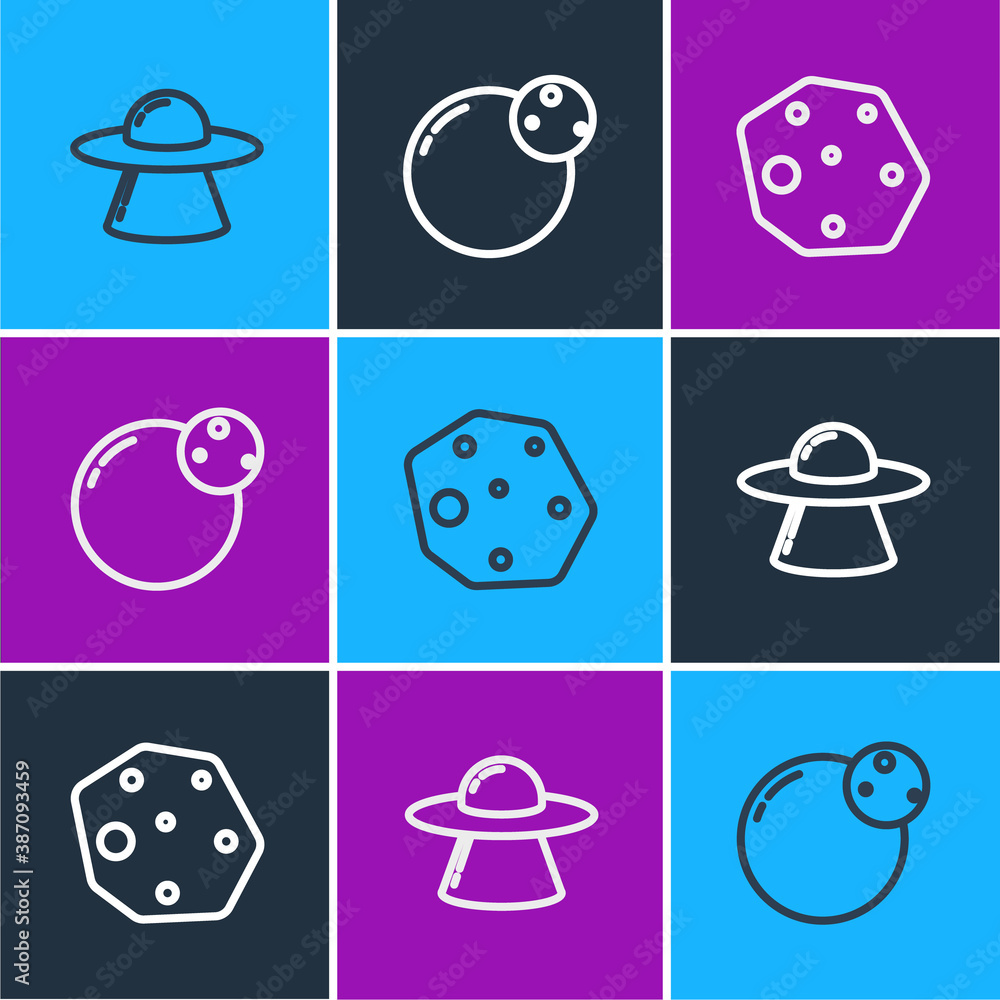 Set line UFO flying spaceship, Asteroid and Planet icon. Vector.