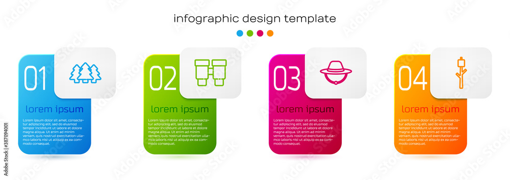 将森林、双筒望远镜、露营帽和棉花糖放在棍子上。商业信息图模板.Ve