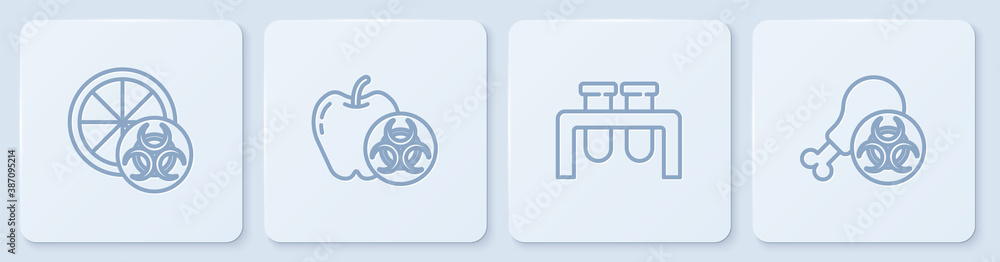 Set line Genetically modified orange, Test tube and flask, apple and Gmo research chicken. White squ