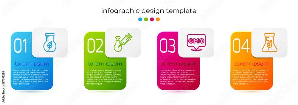 Set line Test tube and flask, Gmo research chicken, GMO and . Business infographic template. Vector.