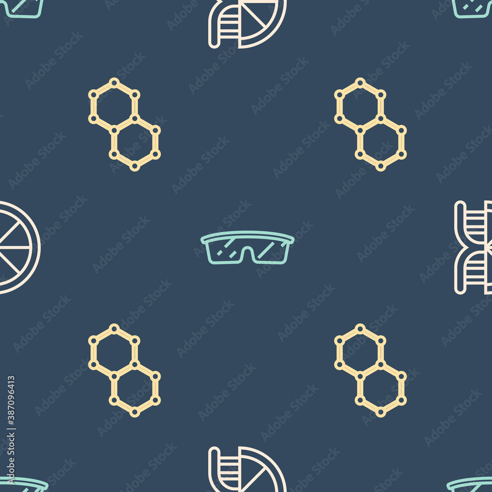 Set line Genetically modified orange, Chemical formula and Laboratory glasses on seamless pattern. V