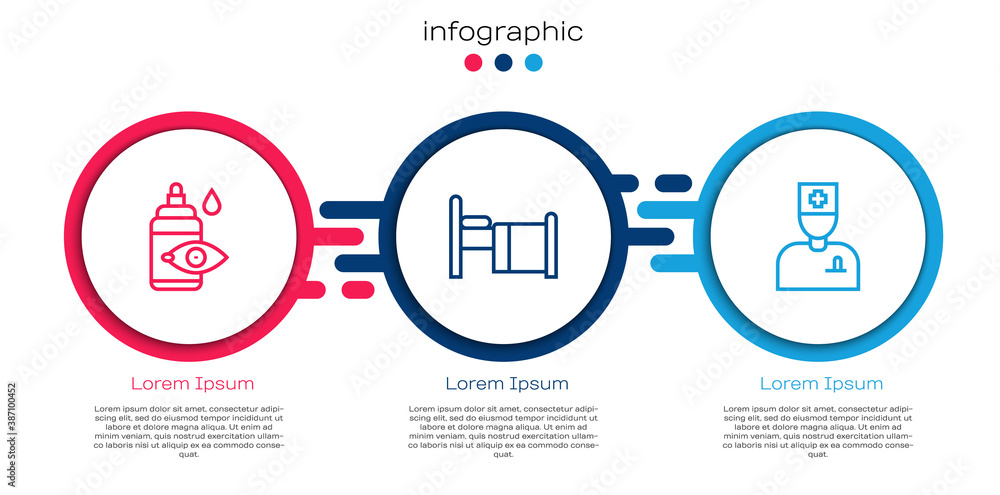 设线滴眼瓶，病床和男医生。商业信息图模板。矢量。
