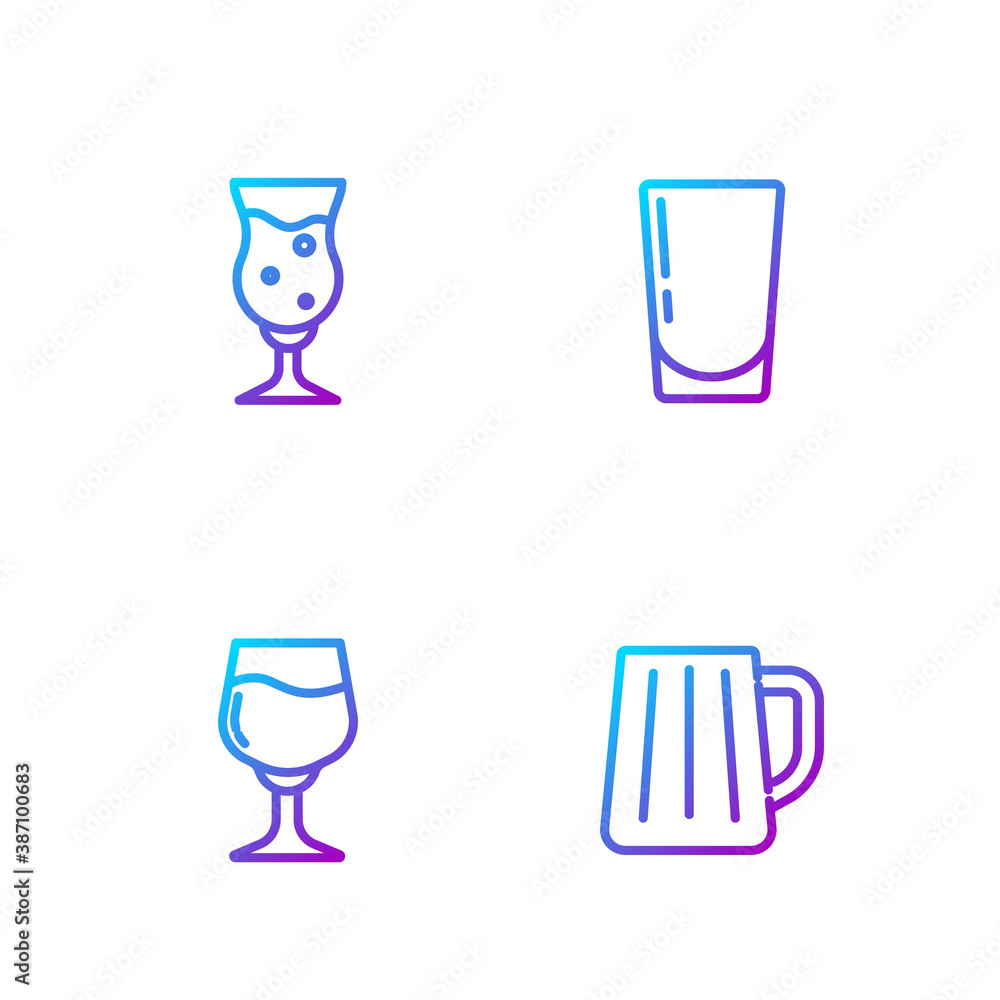 Set line Wooden beer mug, Wine glass, Glass of and with water. Gradient color icons. Vector.