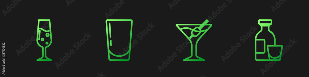 Set line Martini glass, Glass of champagne, with water and Alcohol drink Rum. Gradient color icons. 