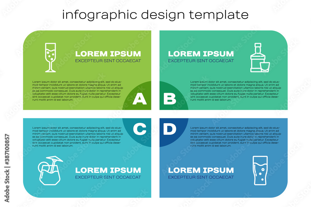 Set line Cocktail, Glass of champagne, beer and Whiskey bottle and glass. Business infographic templ