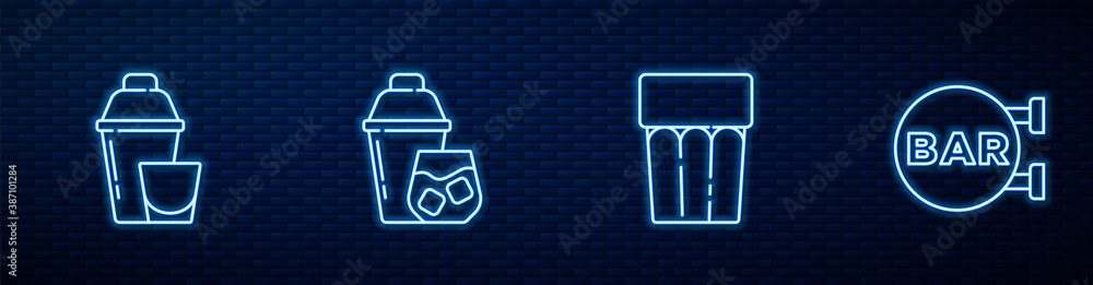 Set line Glass with water, Cocktail shaker, and Street signboard Bar. Glowing neon icon on brick wal