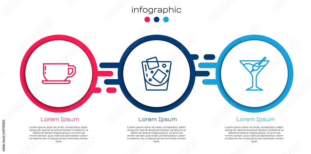 Set line Coffee cup, Glass whiskey and Martini glass. Business infographic template. Vector.