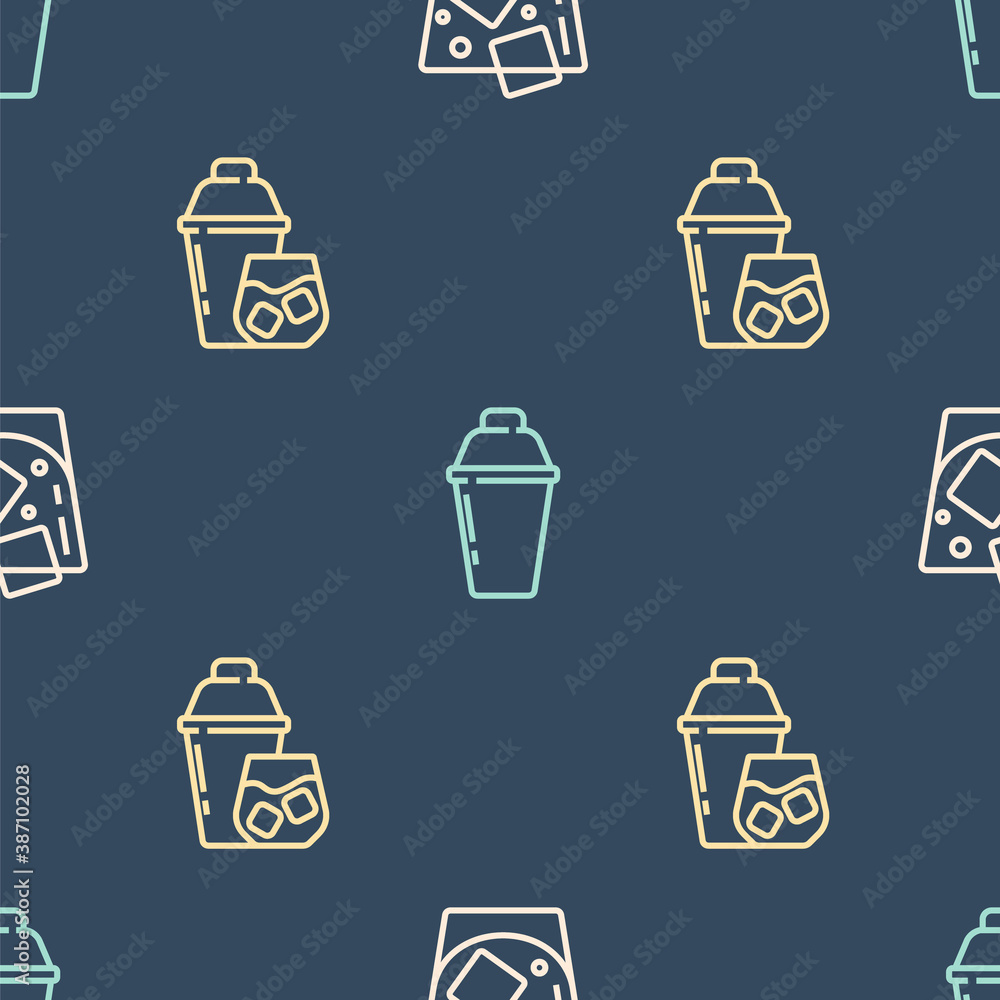 Set line Glass of whiskey, Cocktail shaker and on seamless pattern. Vector.