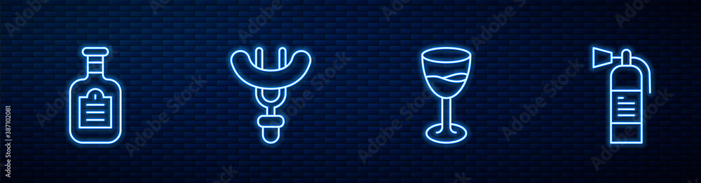 Set line Wine glass, Sauce bottle, Sausage on the fork and Fire extinguisher. Glowing neon icon on b