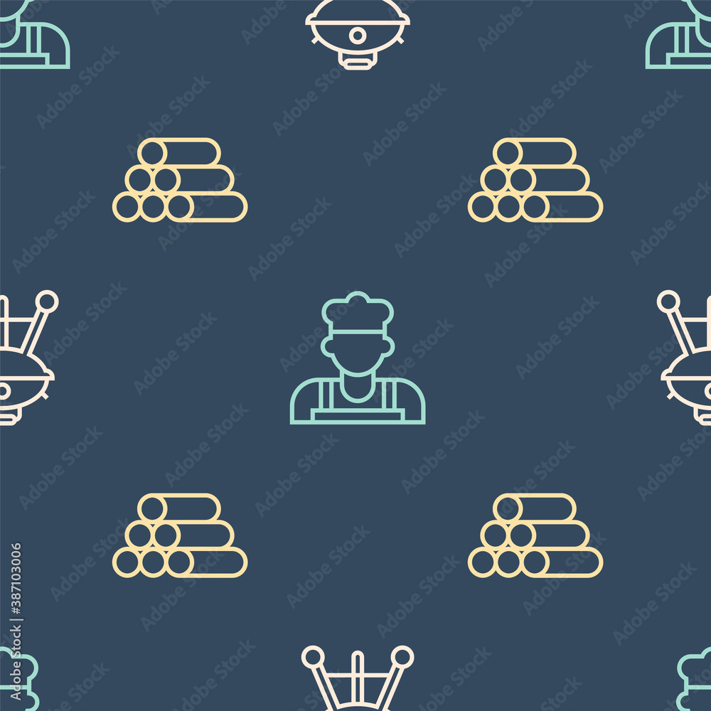 Set line Barbecue grill, Wooden logs and Cook on seamless pattern. Vector.