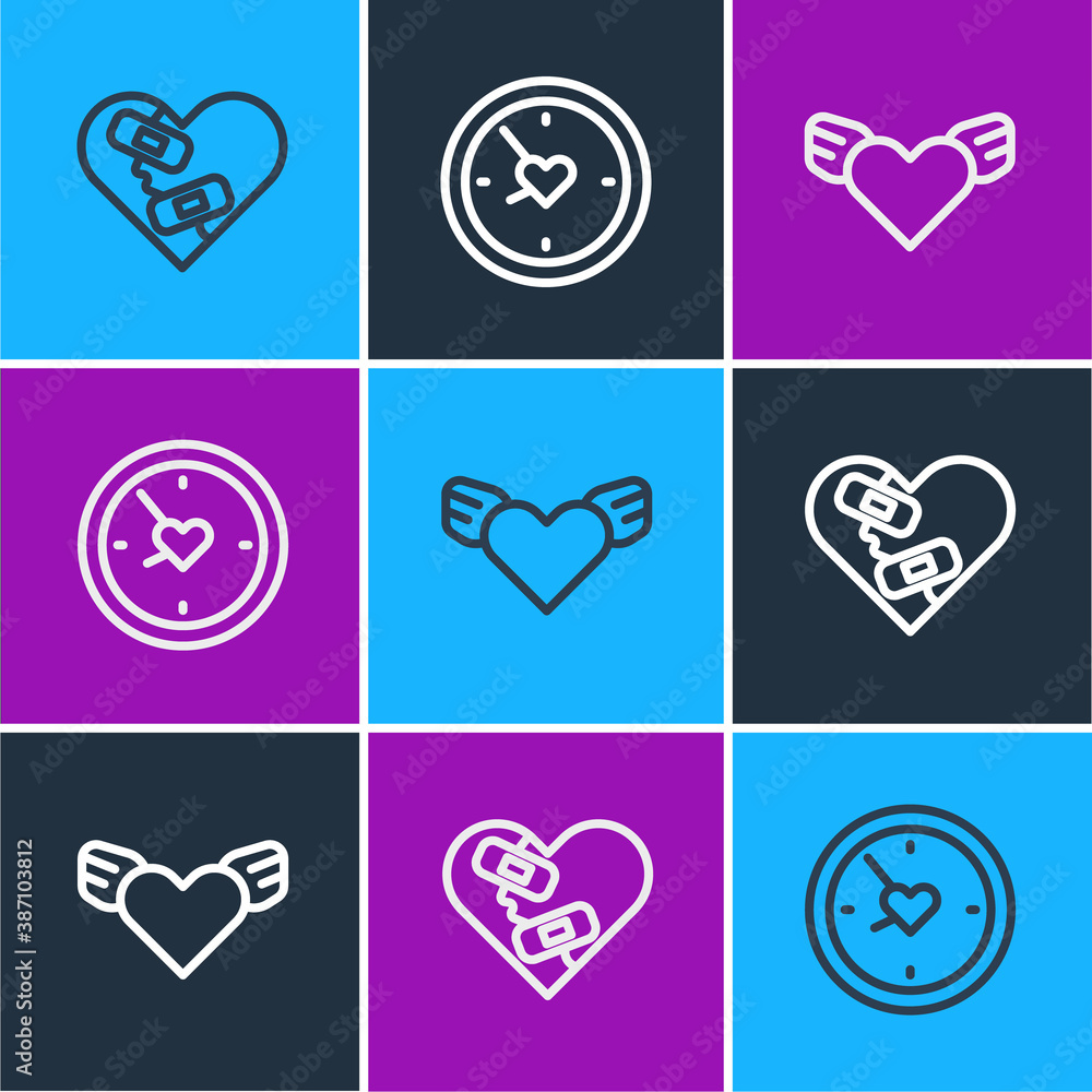 Set line Healed broken heart, Heart with wings and Clock icon. Vector.