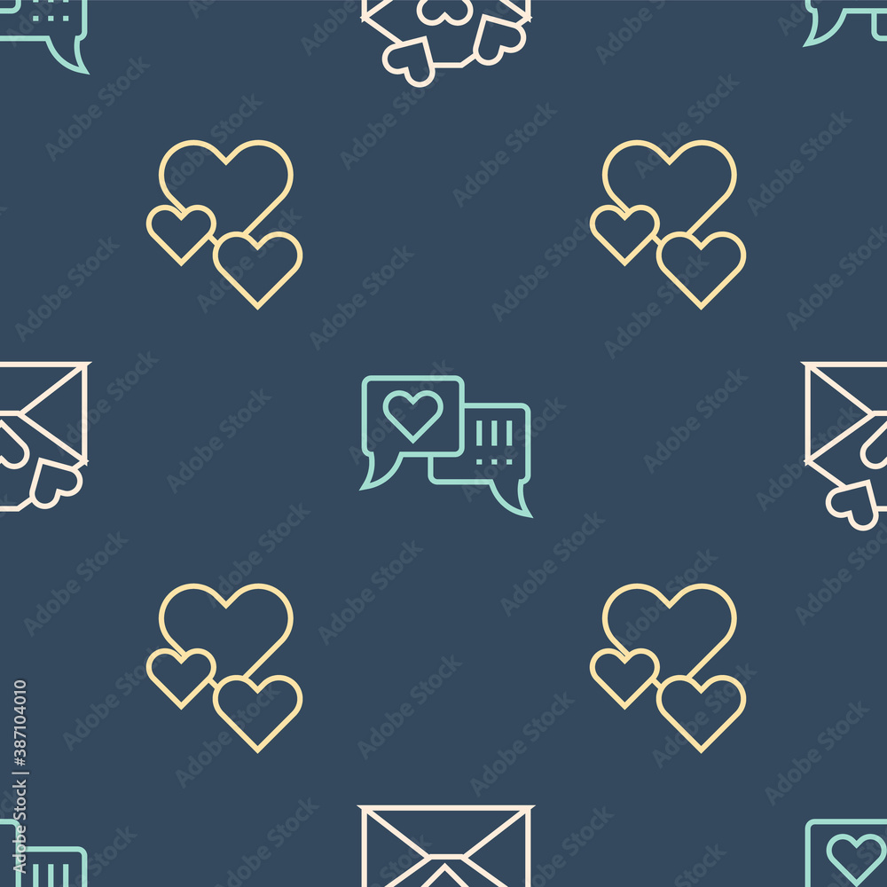 Set line Envelope with Valentine heart, Heart and speech bubble on seamless pattern. Vector.