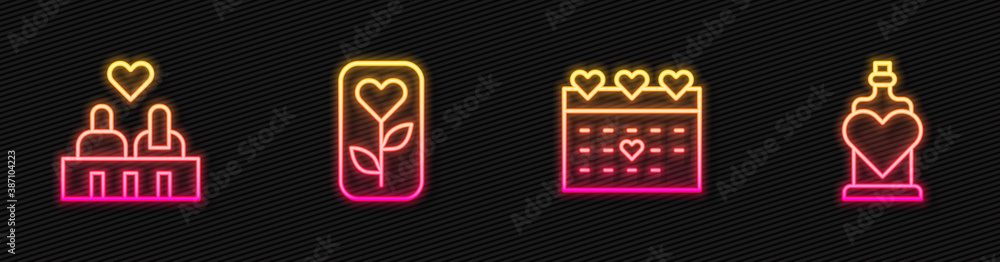 Set line Calendar with heart, Couple in love, Flower rose and Bottle potion. Glowing neon icon. Vect