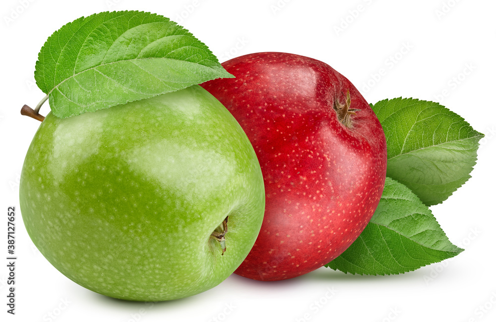 Red and green apples with leaves