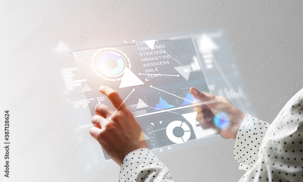 Woman hand touching virtual screen with pen