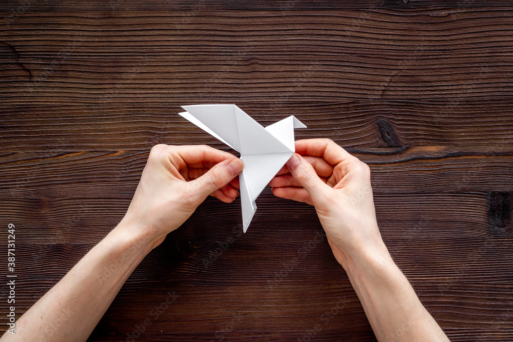 Origami pigeon. World Peace Day, care concept. Top view