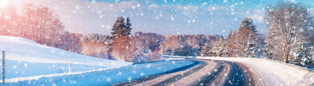 winter road panorama on beautiful snowy road