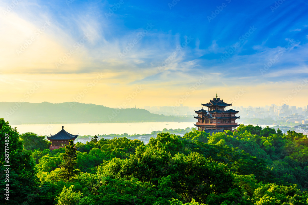 landscape of chenghuang pavilion in hangzhou west lake,China.