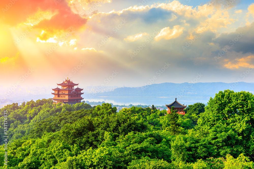 landscape of chenghuang pavilion in hangzhou west lake,China.