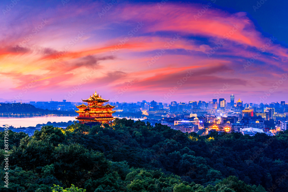 landscape of chenghuang pavilion in hangzhou west lake,China.