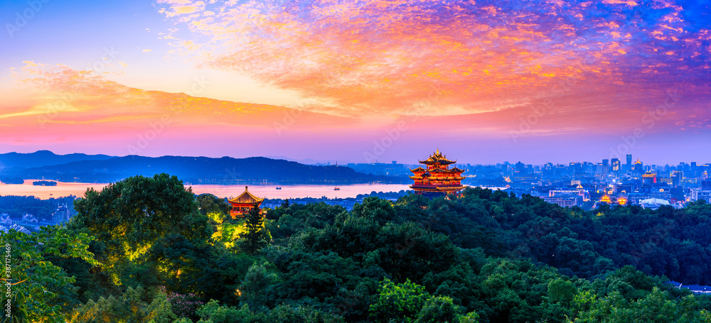 landscape of chenghuang pavilion in hangzhou west lake,China.