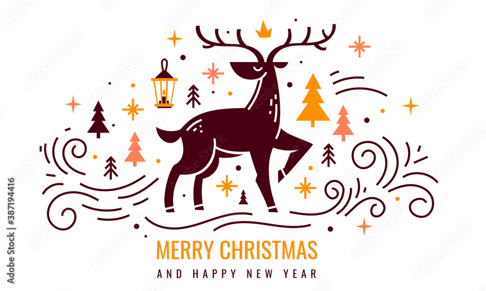 Vector line art illustration of christmas deer with decorative holiday elements