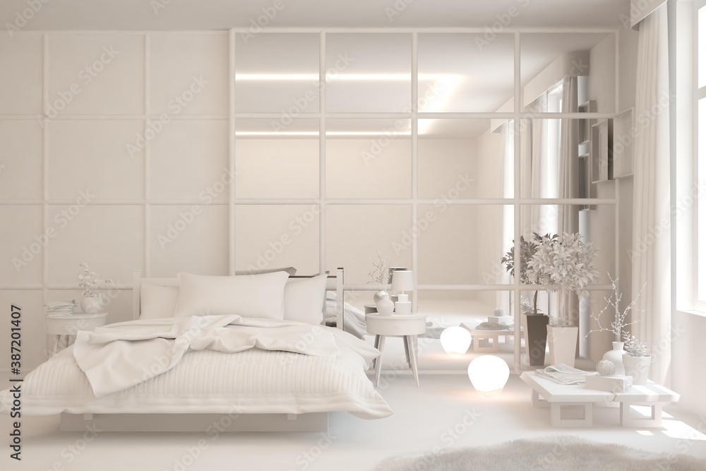 Modern bedroom in white color. Scandinavian interior design. 3D illustration